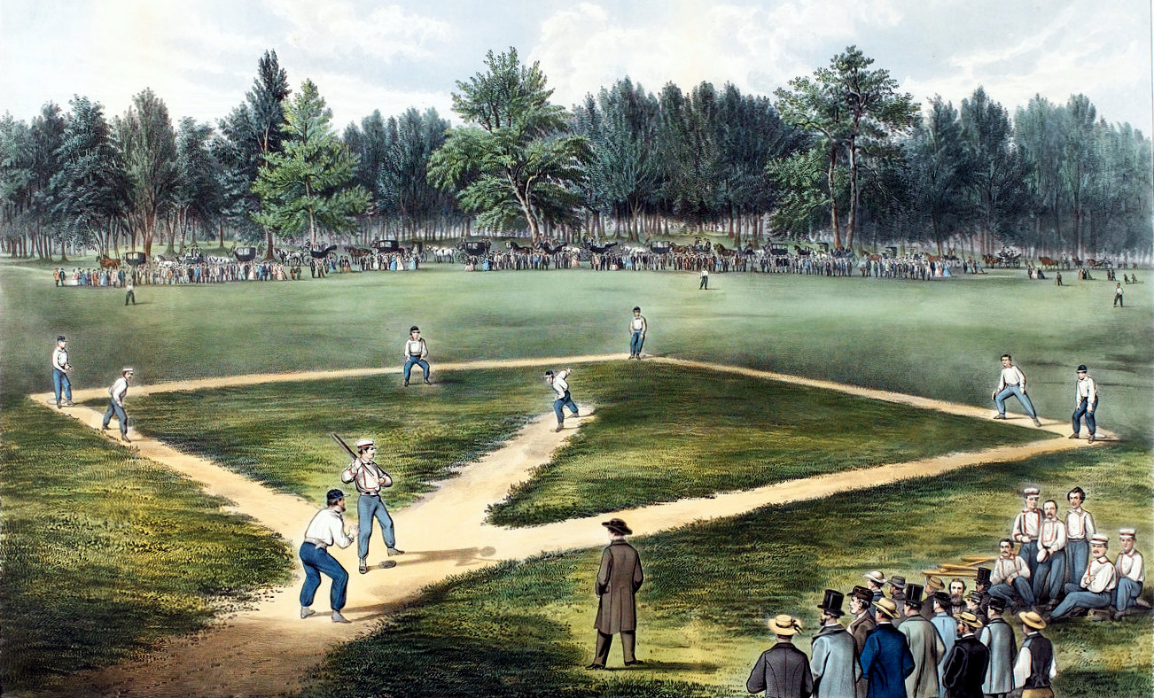 Baseball game at the Elysian Fields in Hoboken, 1866. Players occupy a dirt diamond, a crowd lines the trees beyond the field, and spectators stand in the foreground.